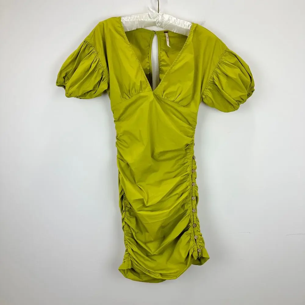 Free People Tastemaker Mini Dress Cotton Ruched Pleated Puff Sleeve Green XS